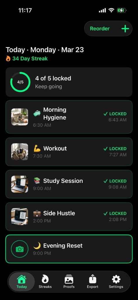 LockProof app showing today view, streak, locked routines, and progress